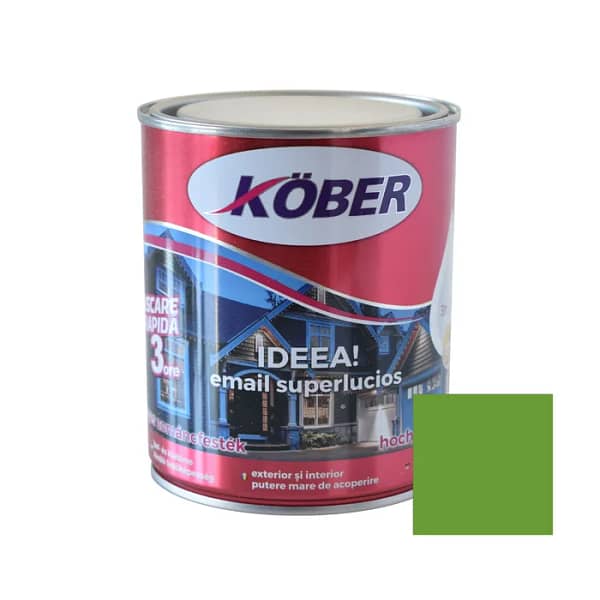 Cutie de vopsea alchidică Kober Ideea de 0.75L, culoare verde deschis proaspăt, pentru lemn și metal, utilizare interior și exterior, cu o mostră de culoare vibrantă și naturală pe etichetă.
