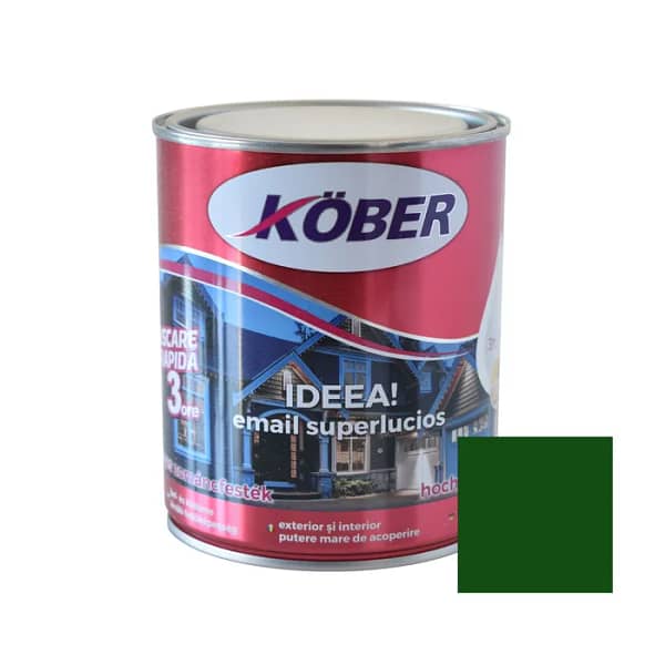 Cutie de vopsea alchidică Kober Ideea de 0.75L, culoare verde luminos vibrant, pentru lemn și metal, utilizare interior și exterior, cu o mostră de culoare energică și proaspătă pe etichetă.