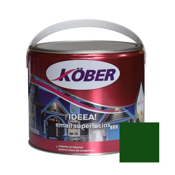 Recipient de vopsea alchidică Kober Ideea 2.5L, culoare verde luminos, pentru lemn și metal, aplicabilă la interior și exterior, cu o mostră de culoare pe capac.