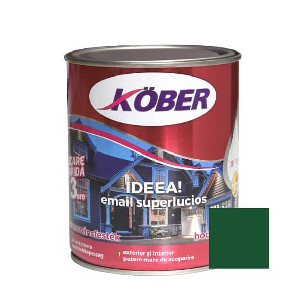 Cutie de vopsea alchidică Kober Ideea de 0.75L, culoare verde mediu clasic, pentru lemn și metal, utilizare interior și exterior, cu o mostră de culoare naturală și echilibrată pe etichetă