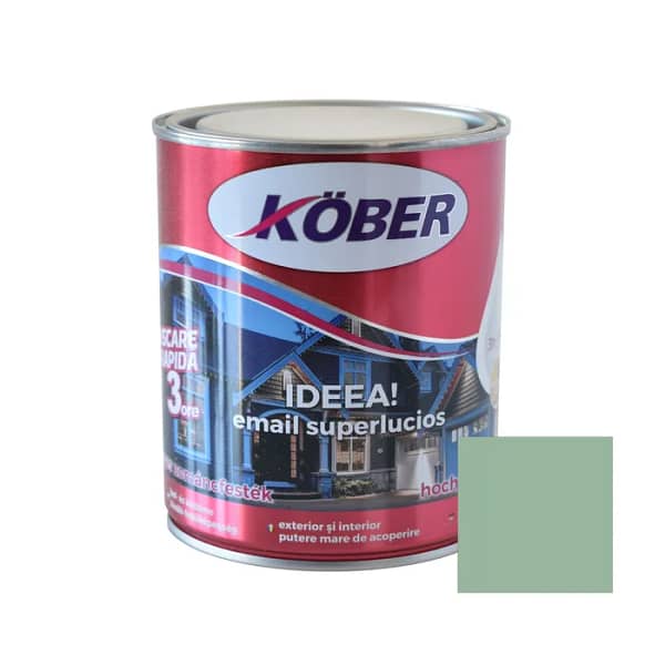 Cutie de vopsea alchidică Kober Ideea de 0.75L, culoare vernil pastelat, pentru lemn și metal, utilizare interior și exterior, cu o mostră de culoare proaspătă și delicată pe etichetă.