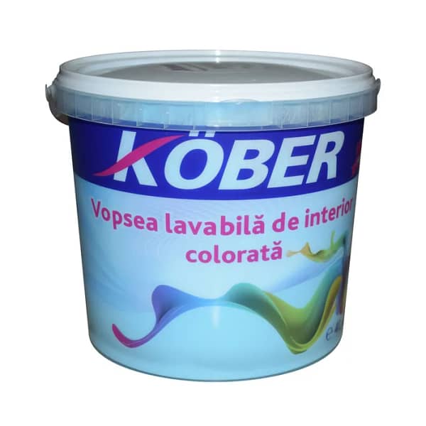 Recipient de Vopsea Lavabilă Kober Interior 4L, nuanța azur V8360, cu imagine a unui perete interior vopsit în azur, într-un ambient luminos.