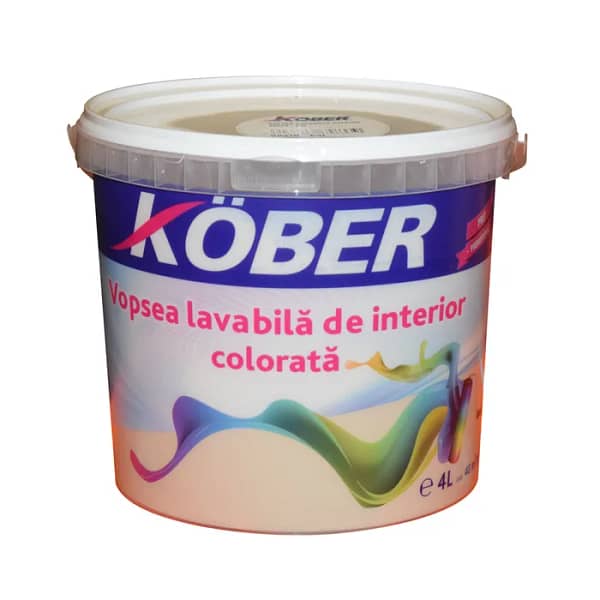 Recipient de Vopsea Lavabilă Kober Interior 4L, nuanța cafeniu (cod specific), cu imagine a unui living elegant vopsit în tonuri de cafeniu.