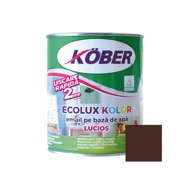 Cutie de vopsea ecologică Kober Ecolux Kolor de 0.6L, culoare brun lucios, pe bază de apă, pentru lemn și metal, utilizare interior și exterior, cu etichetă eco și finisaj strălucitor natural.