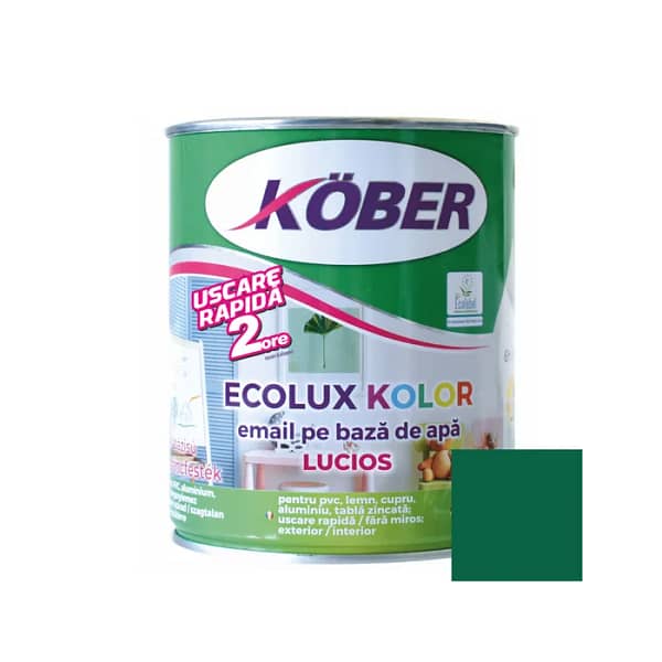 Cutie de vopsea ecologică Kober Ecolux Kolor de 0.6L, culoare verde lucios, pe bază de apă, pentru lemn și metal, utilizare interior și exterior, cu etichetă eco și finisaj strălucitor proaspăt.