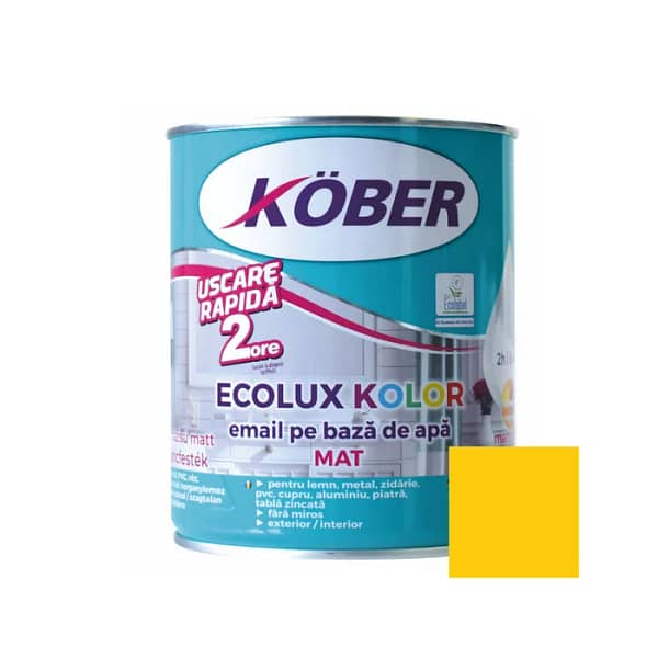 Cutie de vopsea ecologică Kober Ecolux Kolor de 0.6L, culoare galben mat, pe bază de apă, pentru lemn și metal, utilizare interior și exterior, cu etichetă eco și mostră de culoare vibrantă.
