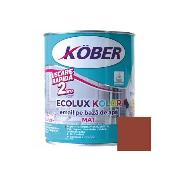 Cutie de vopsea ecologică Kober Ecolux Kolor de 0.6L, culoare maro roșcat mat, pe bază de apă, pentru lemn și metal, utilizare interior și exterior, cu etichetă eco și mostră de culoare caldă.
