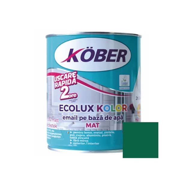 Cutie de vopsea ecologică Kober Ecolux Kolor de 0.6L, culoare verde mat, pe bază de apă, pentru lemn și metal, utilizare interior și exterior.