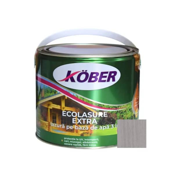 Lac Lazură 3 în 1 Kober Ecolasure Extra pentru Lemn, nuanța Gri Nordic, 2.5L – vedere frontală cu etichetă, capac și informații vizibile