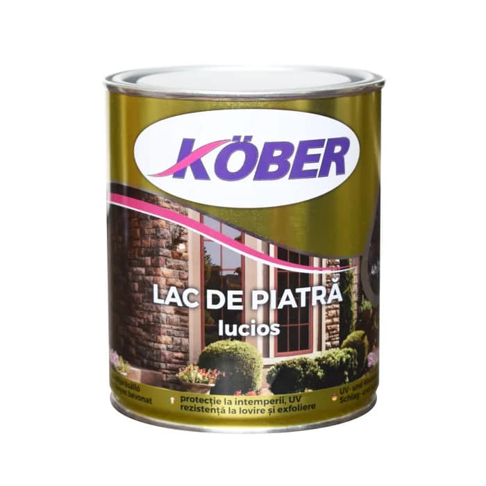 Cutie de lac alchidic Kober Ideal de 0.75L, pentru protecția și luciul pietrei, lemnului și metalului, cu pensulă aplicând lac pe o suprafață de piatră.