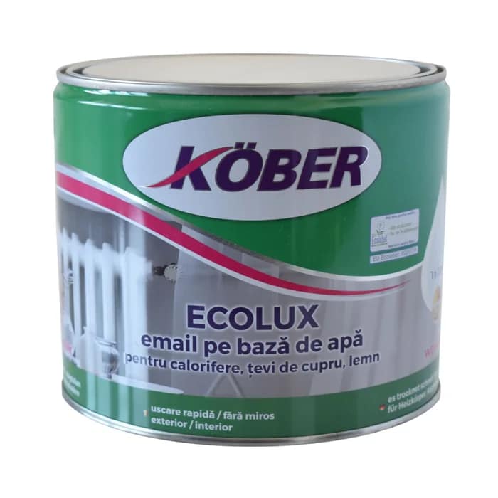 Recipient mare de Vopsea Acrilică Kober Ecolux 2.5L, albă, pentru calorifere și țevi din cupru, cu simbolul "pe bază de apă" și imagine a mai multor calorifere vopsite.